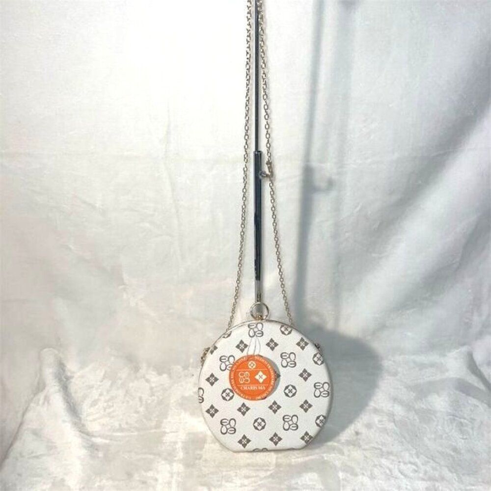 Charisma Women's White Round Crossbody Bag with Gold Chain Strap